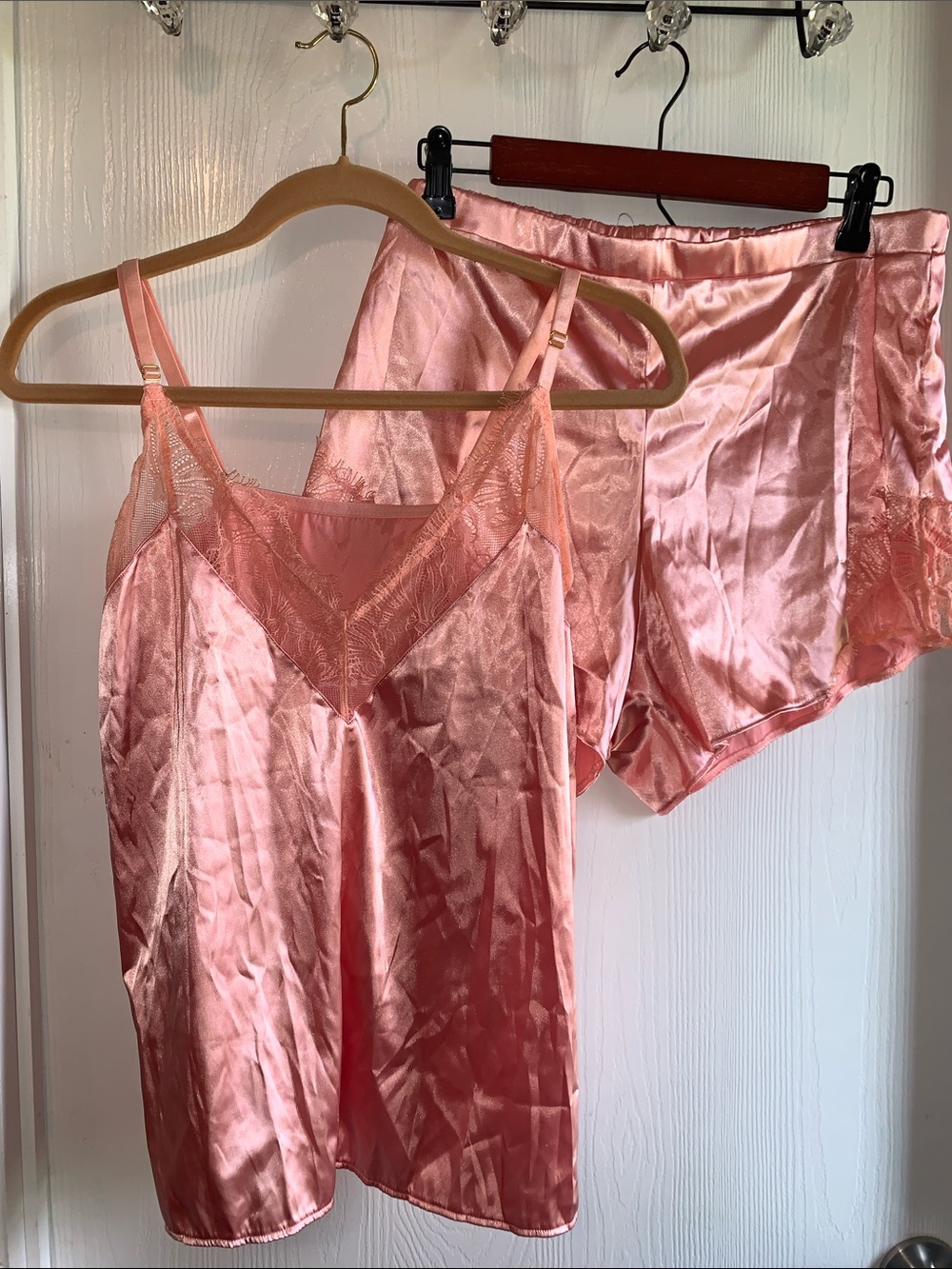 Silky Peach Lace Trim Cami & Shorts Sleep Set